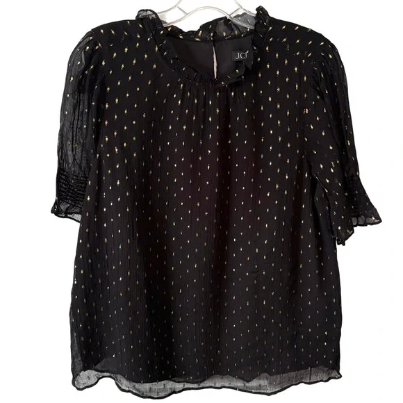 NWT J. Crew Women's Black and Gold Chiffon Smocked Puff Sleeve Top in Size M - Picture 1 of 8